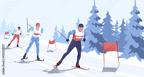 Three skiers competing in a cross-country race on a snowy trail with pine trees in the background. Winter sports concept. Vector illustration