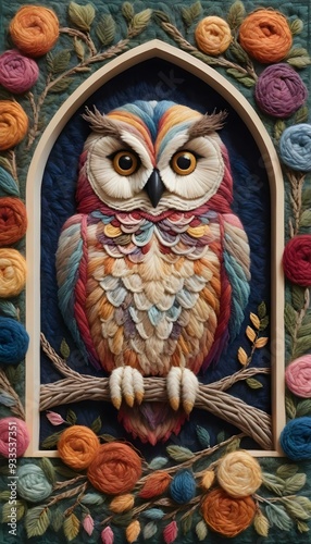 Owl Intricate Embroidery High Detail Handmade Needlework in Colorful Wool photo