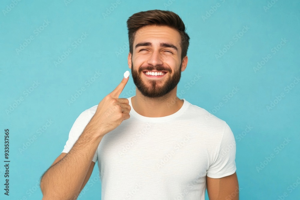Fototapeta premium The morning routine of a young man applying face cream on his cheeks, with a blue background