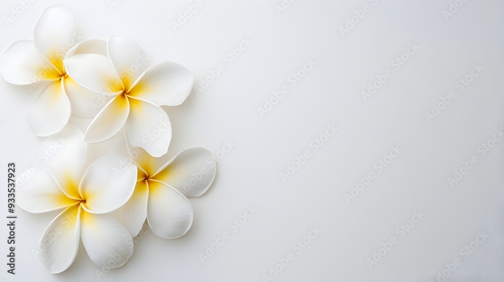 Fototapeta premium Elegant Frangipani Blossoms in Minimalistic Arrangement on White Background