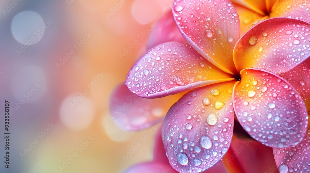 Fototapeta premium Captivating Frangipani Blooms in Soft Morning Light with Dew Drops on Delicate Petals