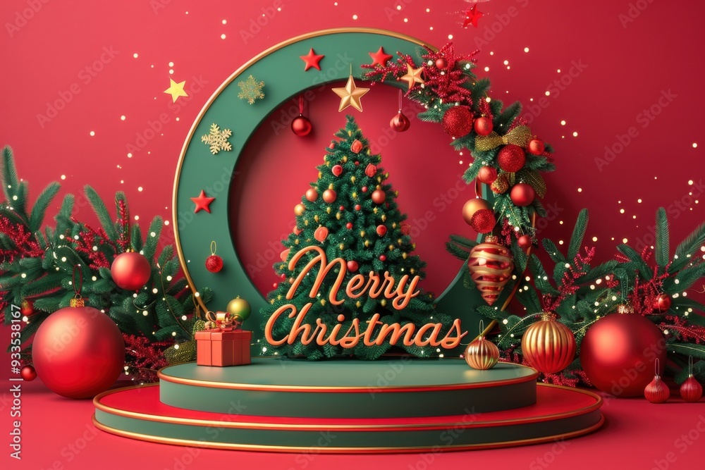 Celebrate the holidays with this vibrant banner featuring a green podium inside a red circle, adorned with a Christmas tree, shiny ornaments, and stars, displaying