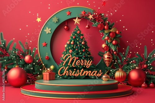 Obraz na płótnie Celebrate the holidays with this vibrant banner featuring a green podium inside a red circle, adorned with a Christmas tree, shiny ornaments, and stars, displaying