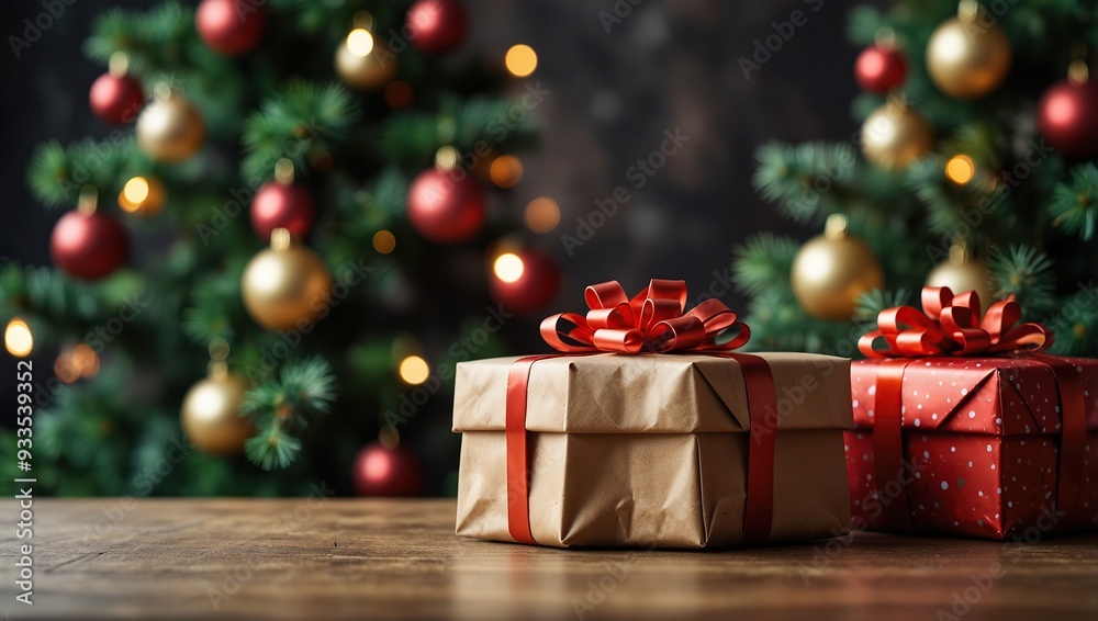 Christmas gifts on table, Christmas tree background