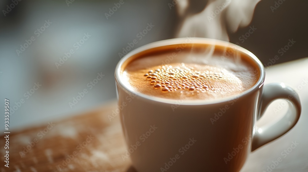 Obraz premium Close-up of a steaming cup of coffee, rich brown tones, minimalist white background, soft natural lighting, high contrast, detailed foam texture, warm and inviting.