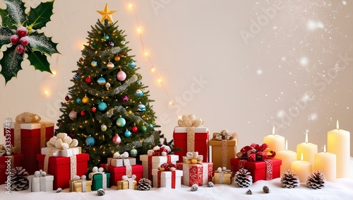 Merry Christmas tree with sprinkling of snowflakes