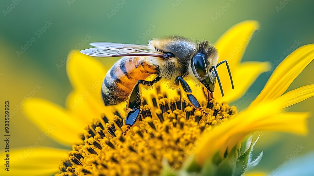Close-up of honey bee on vibrant sunflower, macro photography, sharp detail, bright yellow petals, soft green background, high contrast, natural sunlight. Close-up of honey bee on vibrant sunflower, macro photography, sharp detail, bright yellow petals, soft green background, high contrast, natural sunlight.