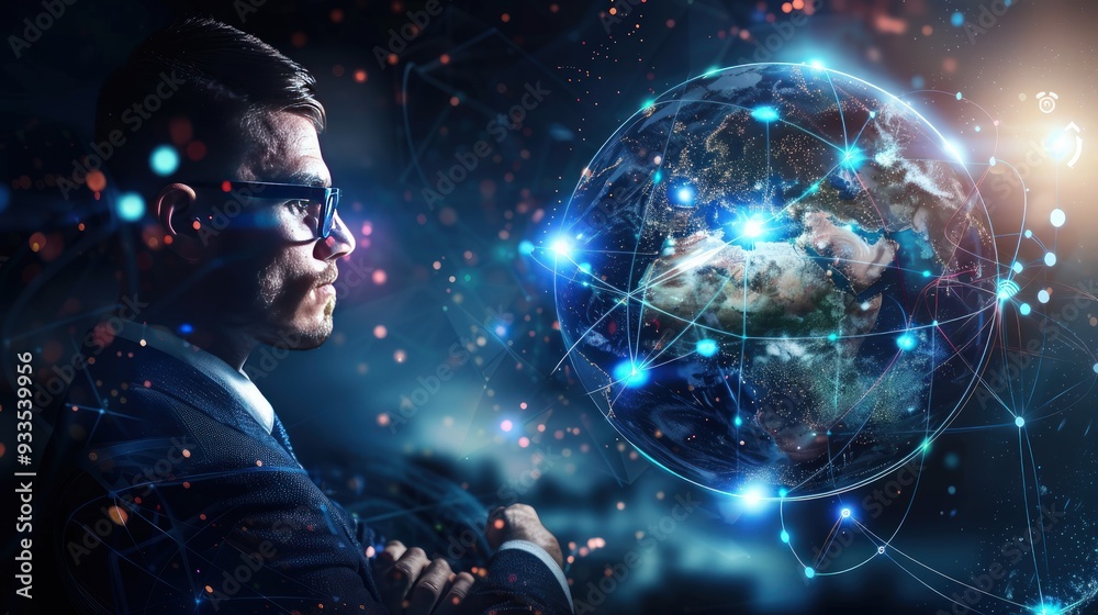 Businessman with global network icon, holographic earth, glowing lights, international business concept. Businessman with global network icon, holographic earth, glowing lights, international business concept.