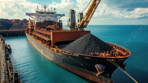 Fototapeta Naklejka Na Ścianę i Meble -  Iron ore being loaded onto a cargo ship with ample space on the top for text