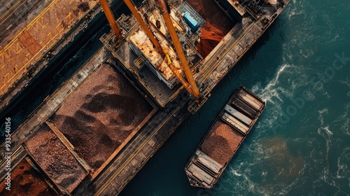 Fototapeta Naklejka Na Ścianę i Meble -  Iron ore being loaded onto a cargo ship with ample space on the top for text