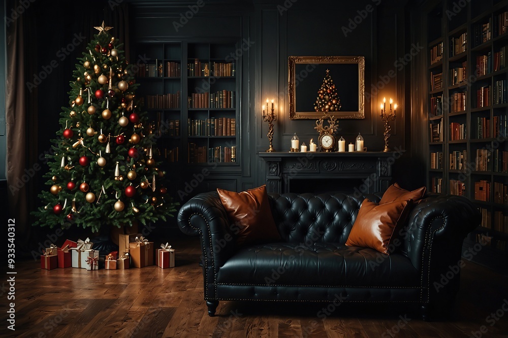 Naklejka premium Christmas home decoration in classic dark style with library, leather sofa, decorated Christmas tree