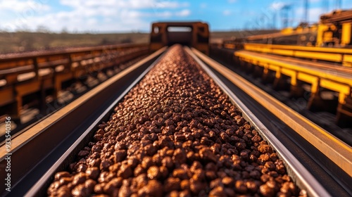 Iron ore pellets on a conveyor belt with space on the top for copy photo