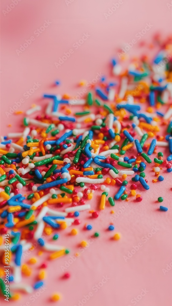 Close-up of colorful candy sprinkles scattered on a bright pink background, vibrant and festive sweet decoration Close-up of colorful candy sprinkles scattered on a bright pink background, vibrant and festive sweet decoration