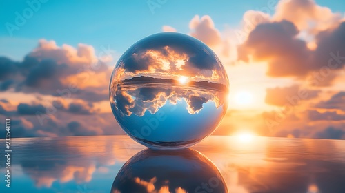Crystal ball on pedestal, inverted landscape reflection, blue sky with fluffy white clouds, sunlight streaming through, clear glass sphere, ethereal atmosphere.