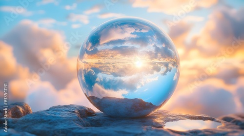 Crystal ball on pedestal, inverted landscape reflection, blue sky with fluffy white clouds, sunlight streaming through, clear glass sphere, ethereal atmosphere.