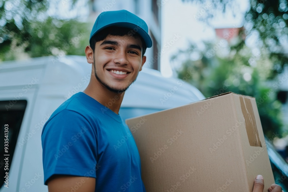 Outdoors delivery man with cardboard box in hand. Delivery and shipping concept. Outdoors delivery man with cardboard box in hand. Delivery and shipping concept.