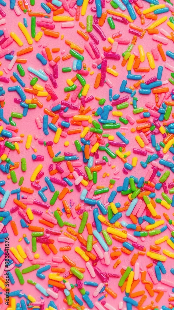 Close-up of colorful candy sprinkles scattered on a bright pink background, vibrant and festive sweet decoration Close-up of colorful candy sprinkles scattered on a bright pink background, vibrant and festive sweet decoration
