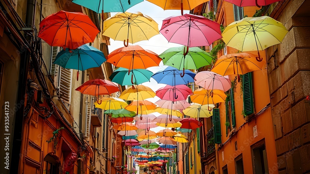 Vibrant Canopy of Umbrellas Adorning a Charming Urban Alleyway Vibrant Canopy of Umbrellas Adorning a Charming Urban Alleyway