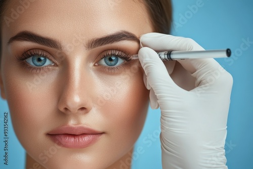 Drawing contours of a woman's face by a plastic surgeon with a black pen before undergoing plastic surgery, a young lady getting a facelift, blue background, free space.