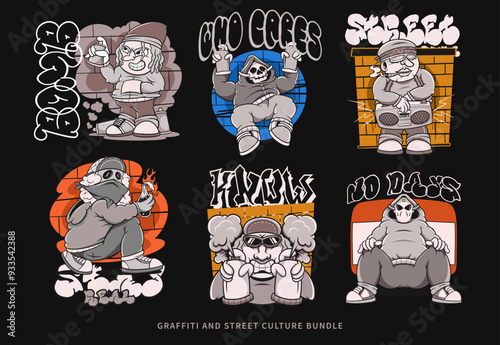 Graffiti graphic set, street culture t shirt design bundle for print, urban vector collection, youth culture poster set