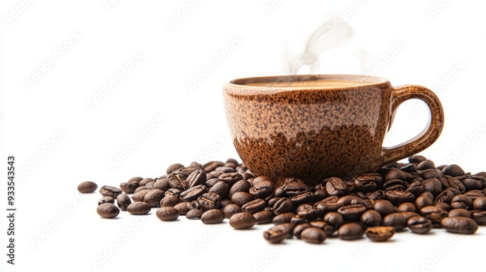 Coffee Beans and a Cup of Steaming Coffee Coffee Beans and a Cup of Steaming Coffee