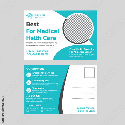 Professional medical postcard design for healthcare marketing. Modern, clean layout with customizable space. Ideal for promoting services, health tips, or appointment reminders, vector or eps photo