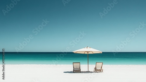 A minimalist scene featuring a beach umbrella and two chairs on pristine white sand, creating a serene and uncluttered coastal setting. photo