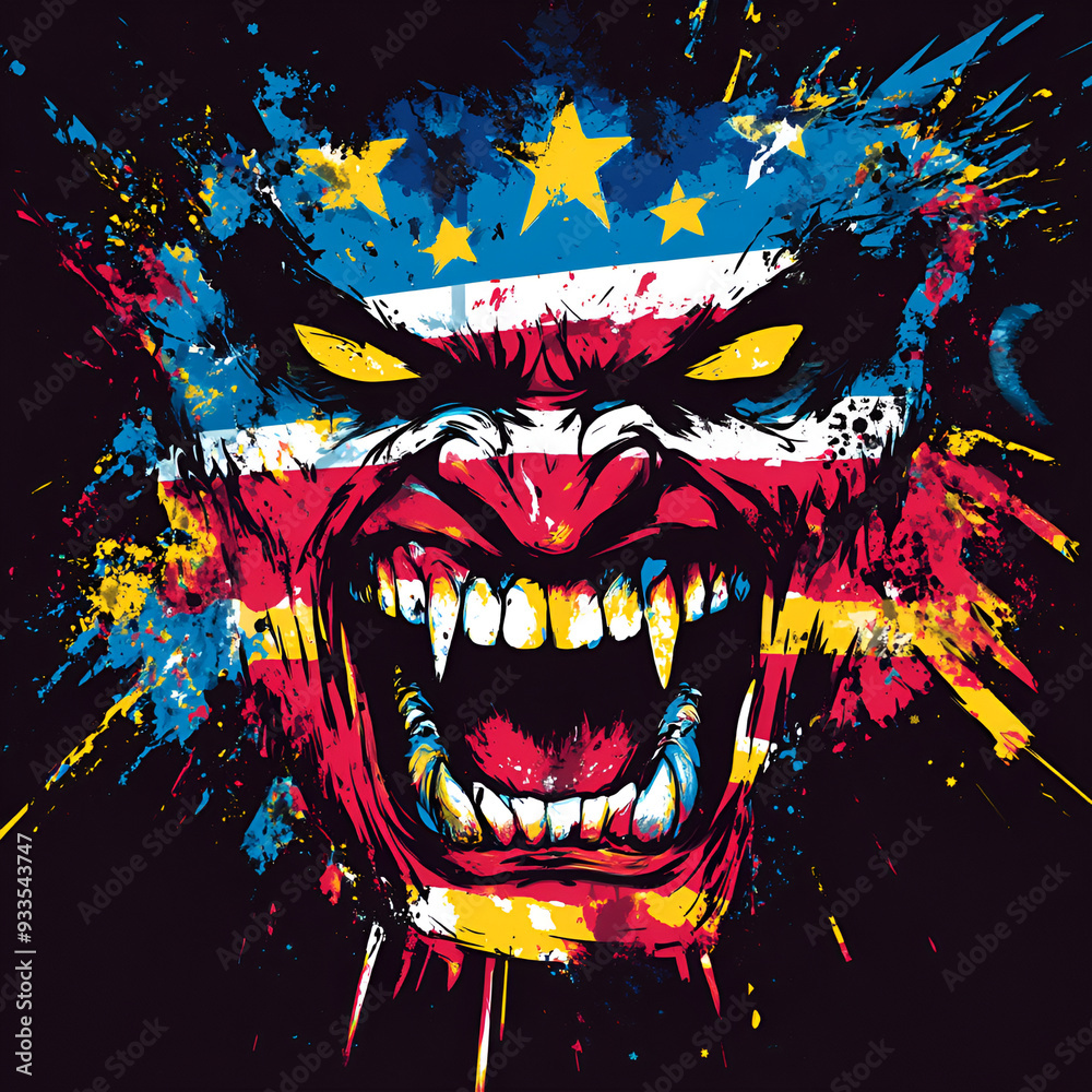 Aggressive Patriotic Vampire Face with American Flag Colors Exploding in Neon Paint Splatters on a Dark Background