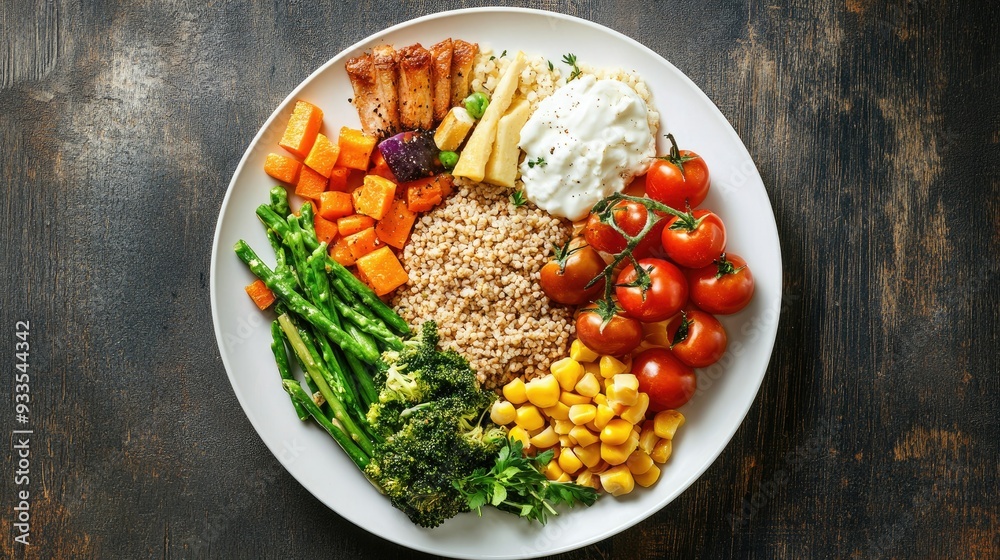 Top view of a balanced plate with a mix of grains, vegetables protein and dairy with plenty of color. Copy space available Top view of a balanced plate with a mix of grains, vegetables protein and dairy with plenty of color. Copy space available