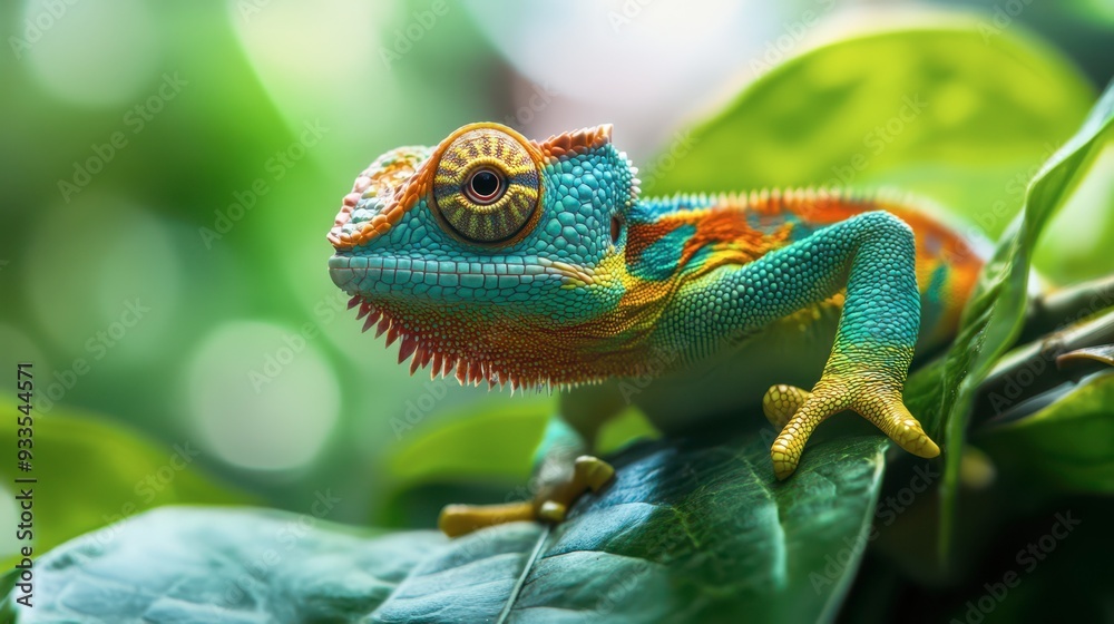 Obraz premium Colorful chameleon resting on vibrant green leaves in the forest