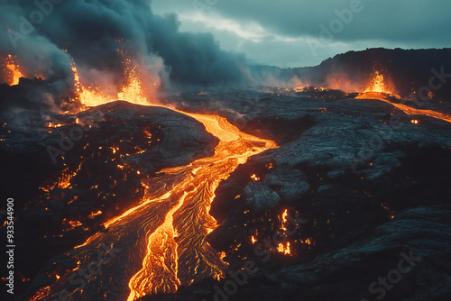 volcanic eruption, lava flowing