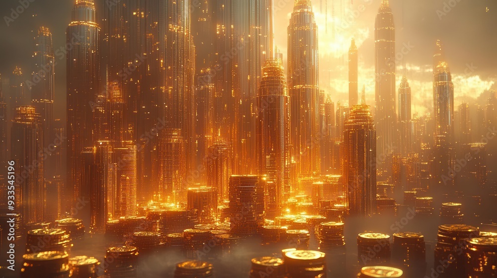 Naklejka premium surreal cityscape with towering skyscrapers made of oversized coins and banknotes golden light bathes the scene symbolizing wealth and prosperity