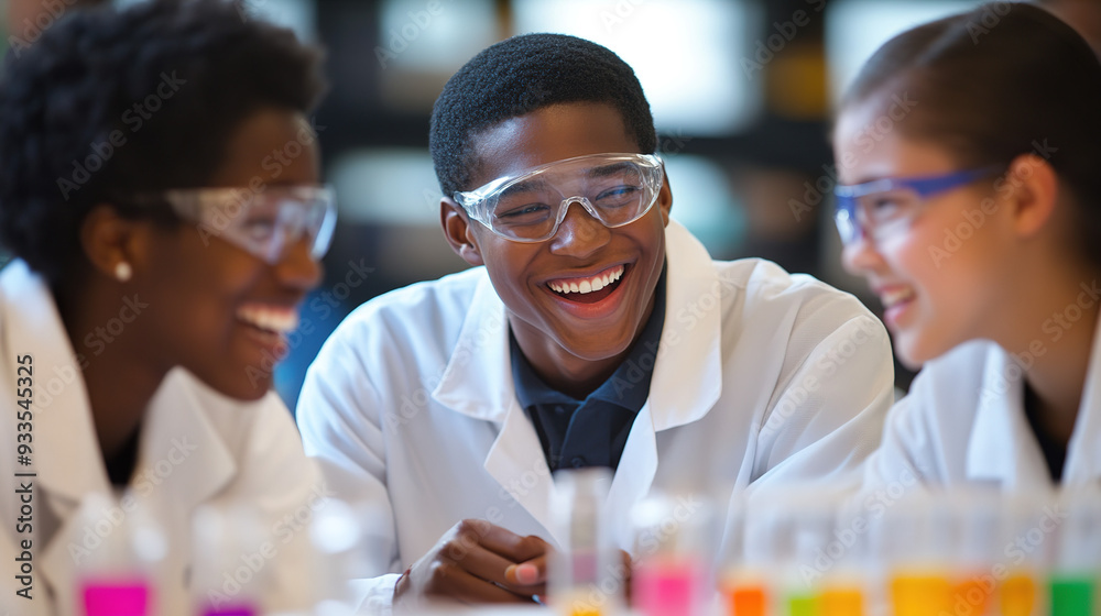 Group of students in lab coats enjoying vibrant experiments with test tubes. Group of students in lab coats enjoying vibrant experiments with test tubes.