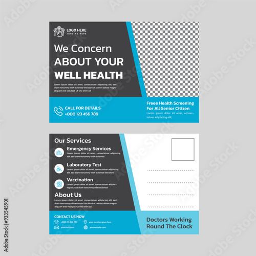 Professional medical postcard design for healthcare marketing. Modern, clean layout with customizable space. Ideal for promoting services, health tips, or appointment reminders, vector or eps photo