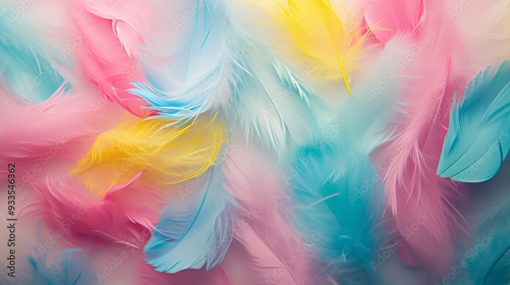 Colorful feathers pink, yellow, blue, Mardi Gras concept  Vibrant color scheme with many bright, colorful colors