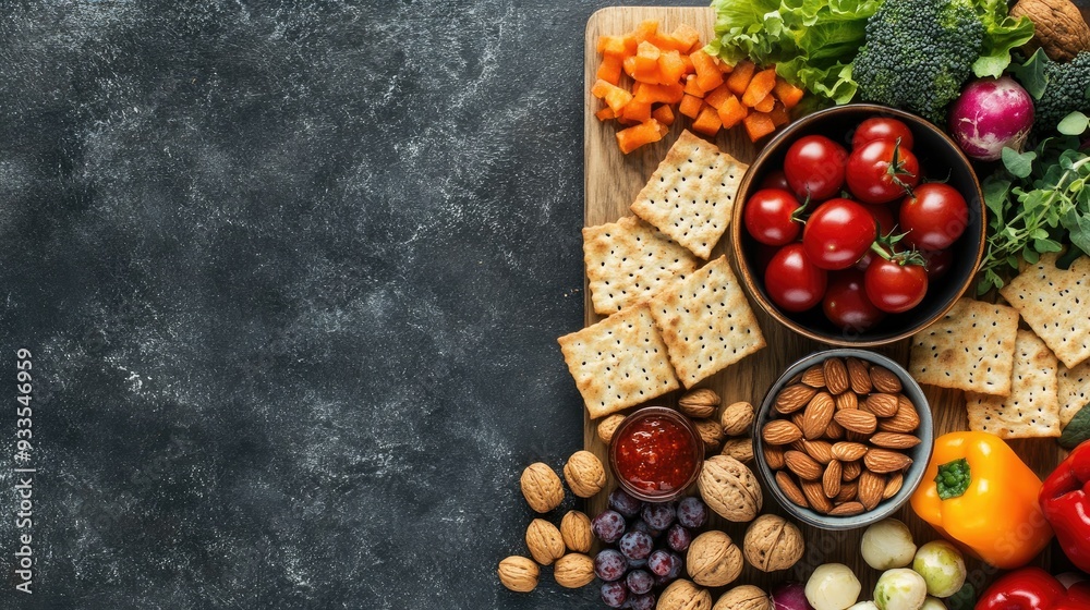 Top view of a selection of fruits vegetables and nuts with whole grain crackers on the side Copy space available Top view of a selection of fruits vegetables and nuts with whole grain crackers on the side Copy space available