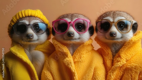 surreal meerkat group portrait in vibrant fashionable outfits pop art style solid color background whimsical concept anthropomorphic animals eyecatching composition