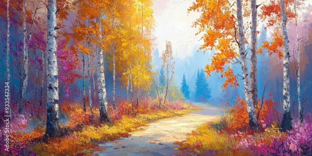 Obraz premium Autumn Palette: Abstract Floral Landscape in Palette Knife Style. Vibrant Oil Painting Capturing Fall's Essence with Textured Blooms and Foliage. Elegant Decorative Art for Seasonal Decor, Gifts, and 
