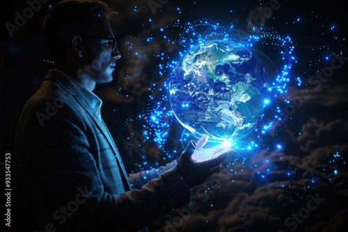 Businessman with glowing earth hologram, dark backdrop, global network, tech event.