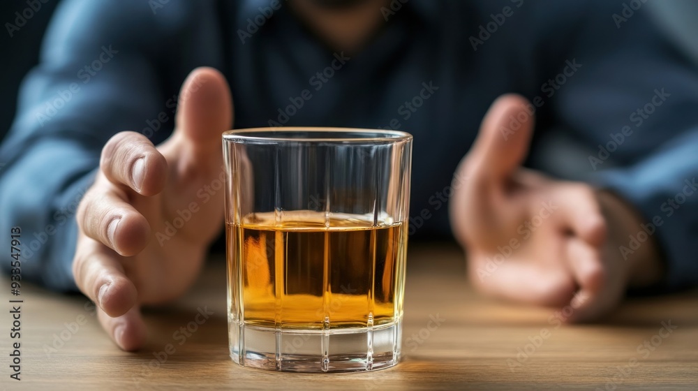 Glass of Whiskey with Blurred Man's Hand in the Foreground Glass of Whiskey with Blurred Man's Hand in the Foreground
