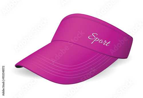 An illustration of vibrant pink sports visor cap designed with a sleek, curved brim and a stylish embroidered "Sport" text on the front. for outdoor activities, this visor offers both sun protection

