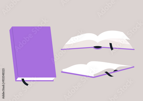 Three purple books are presented, two open to reveal their blank pages, inviting creativity and exploration