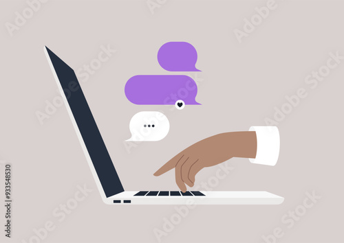A hand actively types on a laptop, engaged in a digital conversation, Colorful speech bubbles float above the keyboard