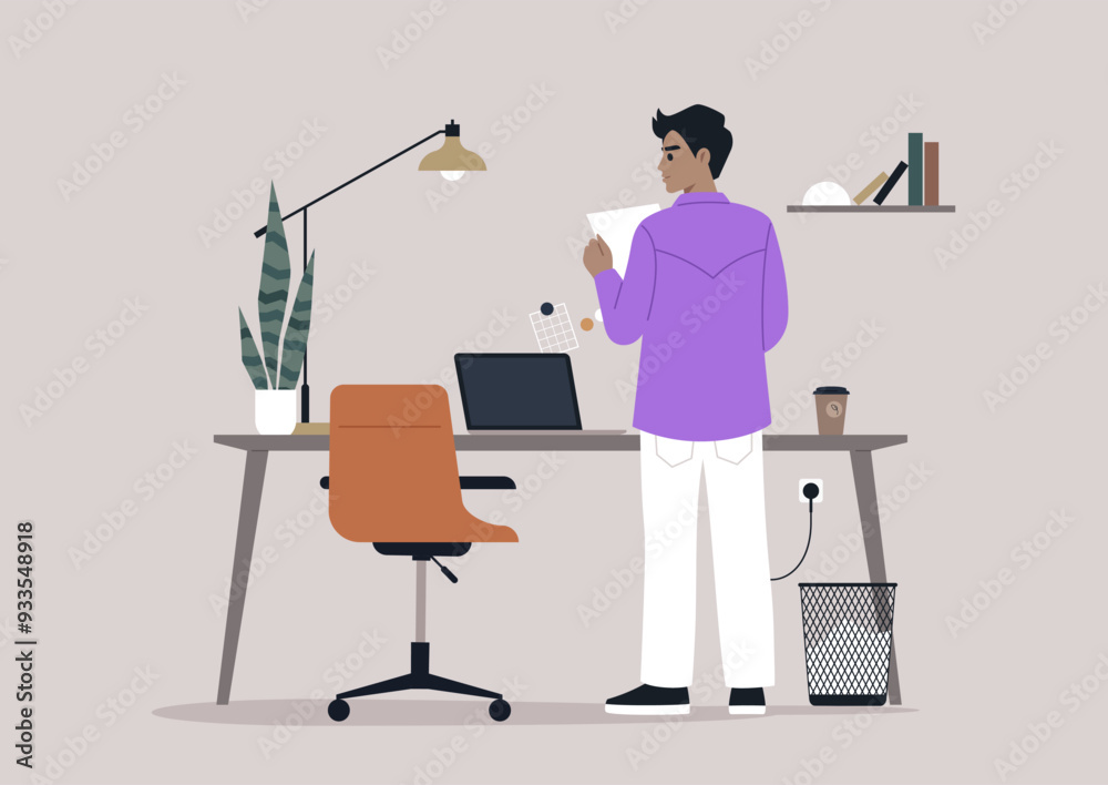 An individual in a purple shirt thoughtfully reviews a document while standing by a stylish desk in a contemporary office An individual in a purple shirt thoughtfully reviews a document while standing by a stylish desk in a contemporary office