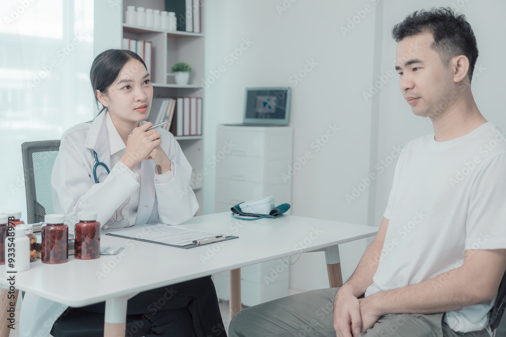 Doctor counsels young man about prostate cancer and sexually transmitted diseases. Prostate cancer patient discusses testicular cancer test results at clinic. Doctor counsels young man about prostate cancer and sexually transmitted diseases. Prostate cancer patient discusses testicular cancer test results at clinic.