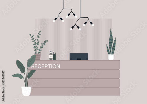 A contemporary reception desk adorned with decorative plants and stylish lighting fixtures creates a welcoming atmosphere