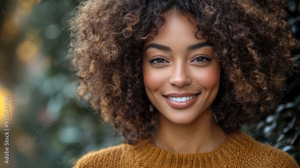 Smiling Woman with Curly Hair Wearing a Cozy Sweater, Radiating Warmth and Happiness in a Casual Setting Smiling Woman with Curly Hair Wearing a Cozy Sweater, Radiating Warmth and Happiness in a Casual Setting