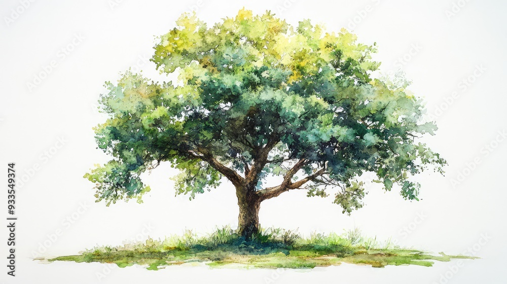 Watercolor Tree with Verdant Foliage on White Canvas, Capturing Nature’s Beauty in a Serene and Artistic Scene Watercolor Tree with Verdant Foliage on White Canvas, Capturing Nature’s Beauty in a Serene and Artistic Scene
