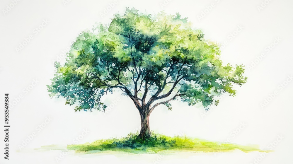 Obraz premium Watercolor Tree with Verdant Foliage on White Canvas, Capturing Nature’s Beauty in a Serene and Artistic Scene