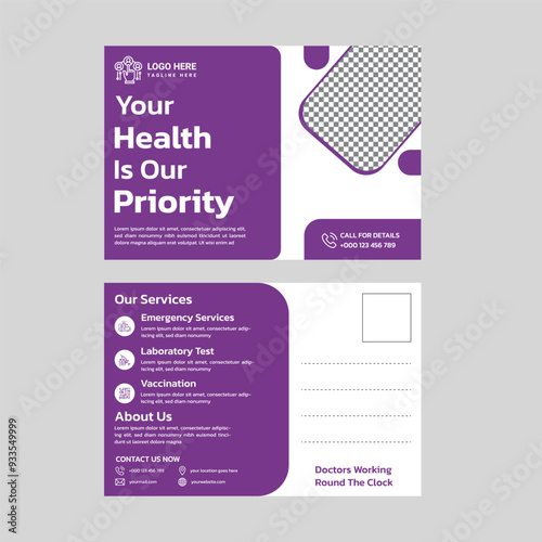 Professional medical postcard design for healthcare marketing. Modern, clean layout with customizable space. Ideal for promoting services, health tips, or appointment reminders, vector or eps photo